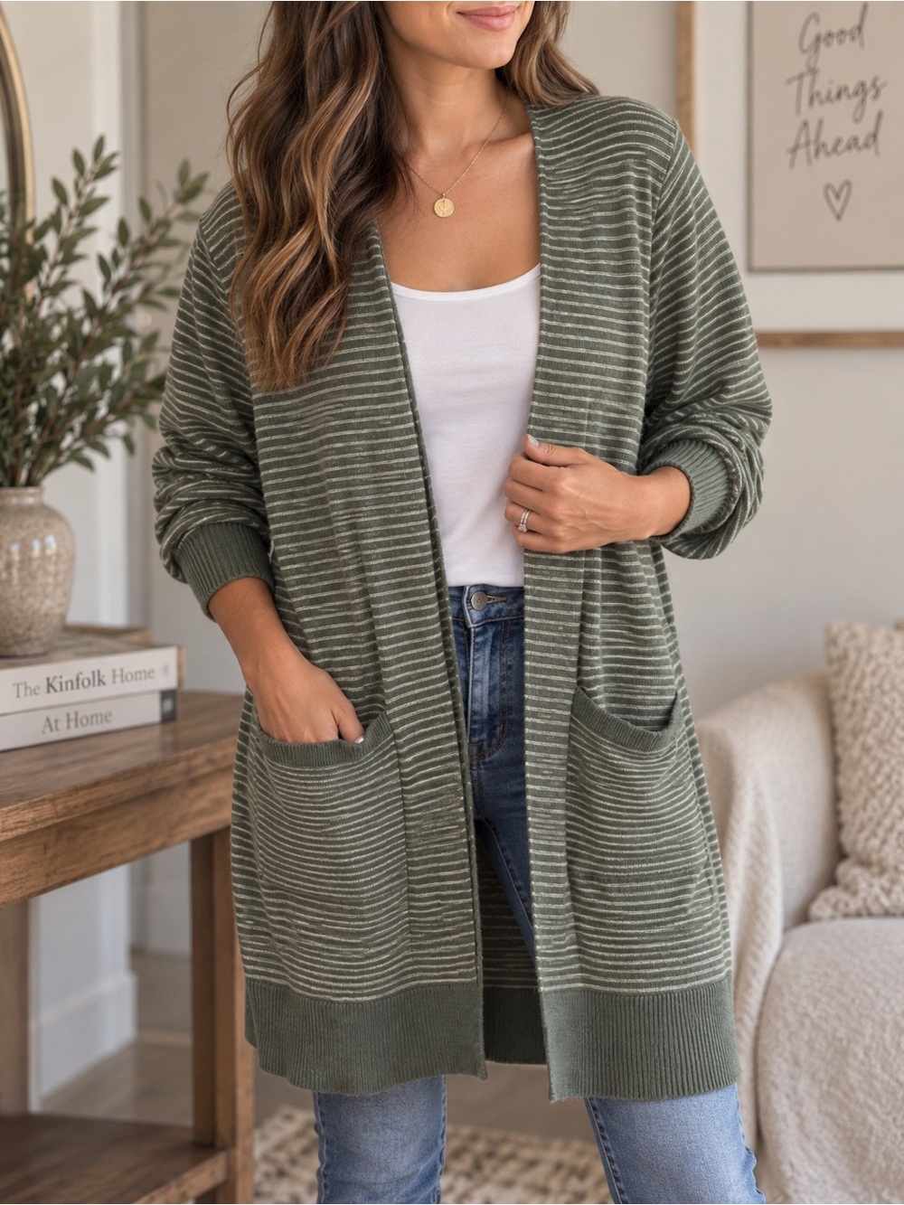 Terra & Sky 0X 16 Olive Green Striped Long Cardigan Sweater Pockets